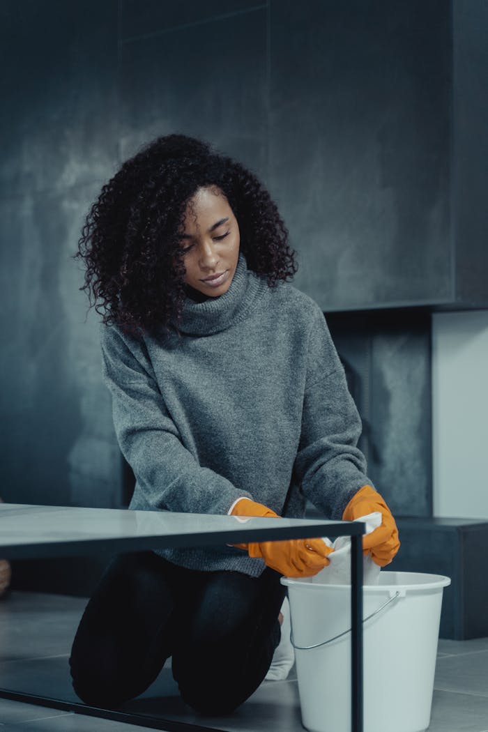 services-03 African American woman in gray sweater cleaning with a pail and gloves at home.